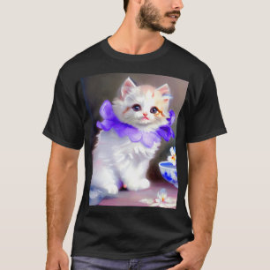 Camiseta Gato blanco con pintura de cuello de flores morada