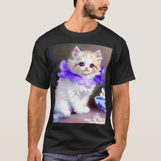 Camiseta Gato blanco con pintura de cuello de flores morada (Anverso)