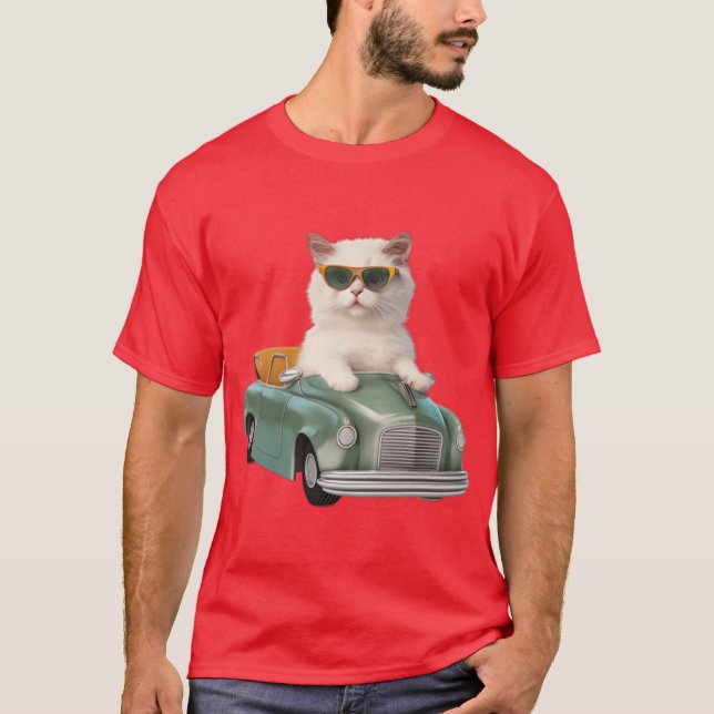 Camiseta Gato blanco con sombras conduciendo un (Anverso)
