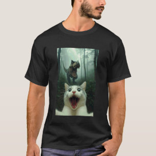 Camiseta Gato Blanco Divertido Selfie con Dinosaurio T-Rex,