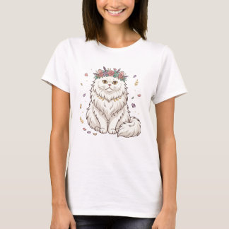 Camiseta Gato Blanco Elegante con Corona Floral