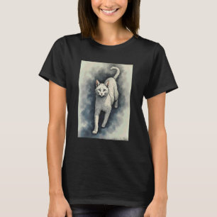 Camiseta Gato blanco en estilo de dibujo con tinta china