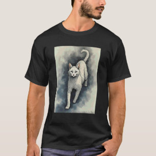 Camiseta Gato blanco en estilo de dibujo con tinta china