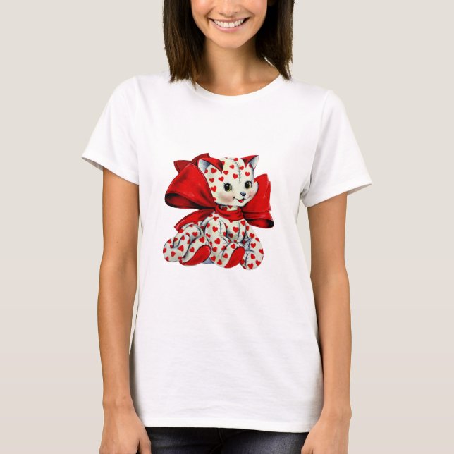Camiseta Gato blanco gatito con corazones San Valentín vint (Anverso)