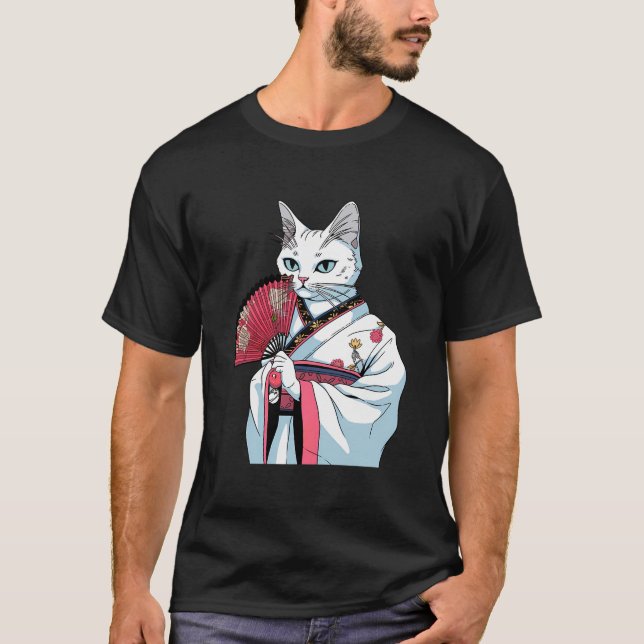 Camiseta Gato blanco Geisha Mascota gracioso Kimono (Anverso)