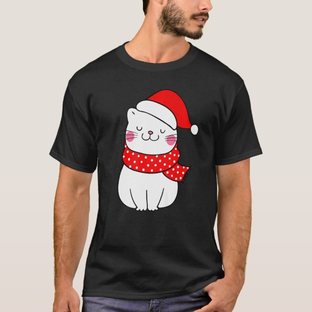 Camiseta Gato blanco lindo Navidades de Santa Hat Scarf Cat (Anverso)