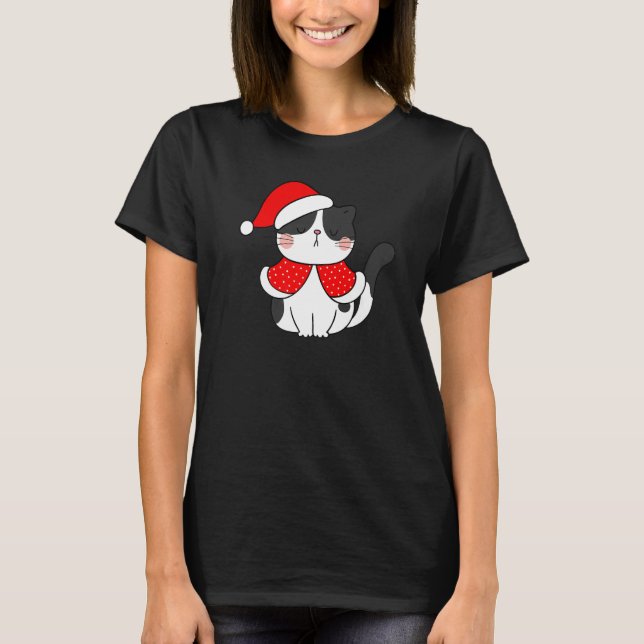 Camiseta Gato blanco negro Navidades de Santa Hat Cat Bah h (Anverso)