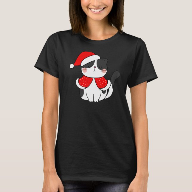 Camiseta Gato blanco negro Navidades de Santa Hat Cat Bah h (Anverso)
