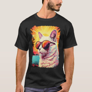 Camiseta Gato Blanco Pop Art Playa Hawaiana Fiesta de Veran