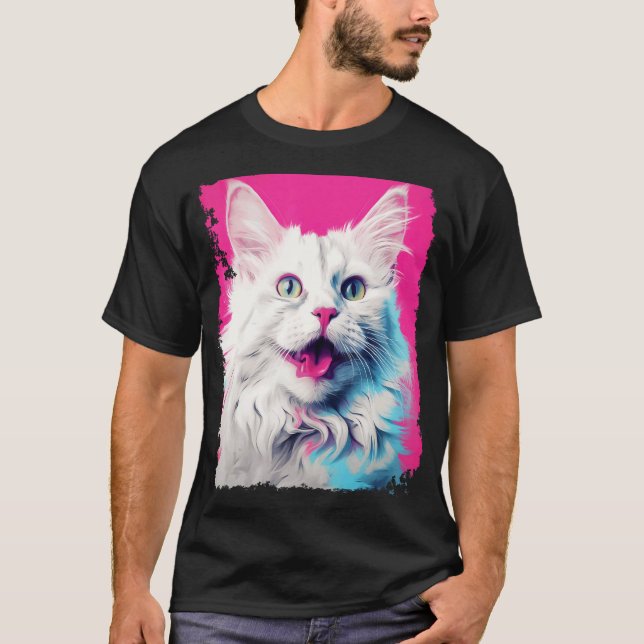 Camiseta Gato Blanco Pop Art Rosa (Anverso)