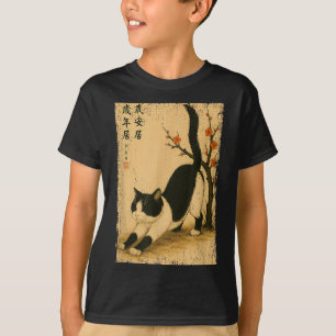Camiseta Gato blanco y negro flor japonesa Japón kanji