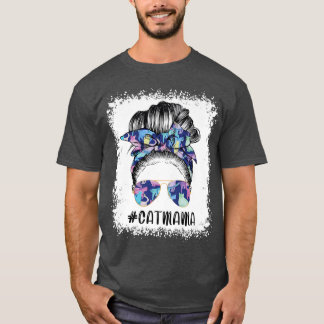 Camiseta Gato blanqueado Mamá Messy Hair Bun Sunflower Madr