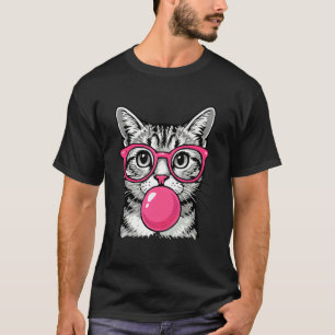 Camiseta Gato Bonito con Gafas Soplando Chicle Rosa