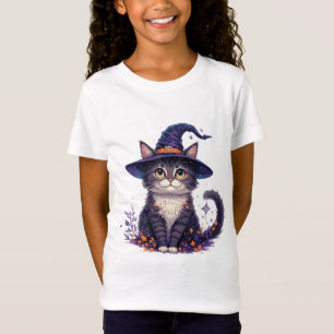 Camiseta Gato Bruja Adorable Con Estrellas Y Hojas De Otoño