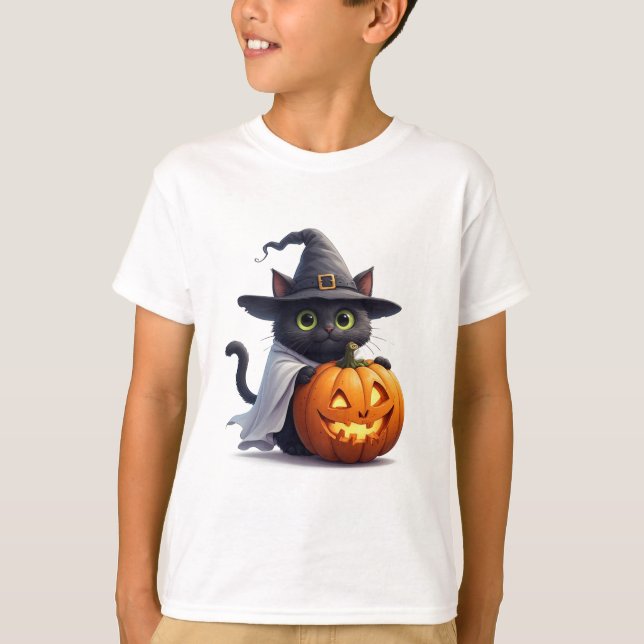 Camiseta Gato Bruja Con Tema de Halloween de Jack O Lantern (Anverso)