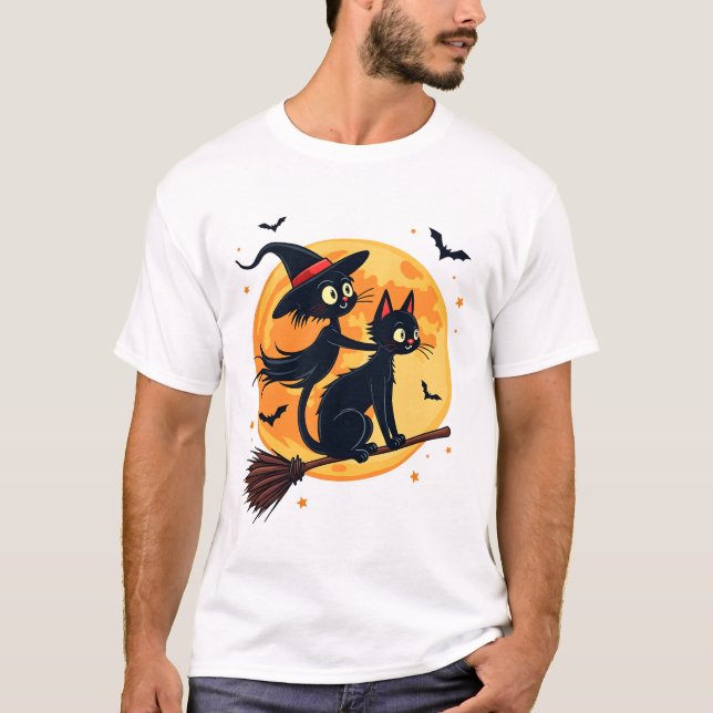 Camiseta Gato Bruja en una Escoba � Vector Noche de Hallowe (Anverso)