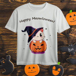 Camiseta Gato Bruja Kawaii Adorable en Calabaza de Hallowee