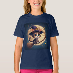 Camiseta Gato bruja lindo bajo estrellas y luna llena 🎃