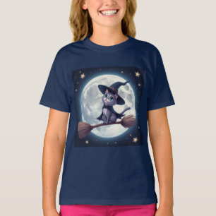 Camiseta Gato Bruja Lindo En Escoba Bajo Cielo De Luna Llen
