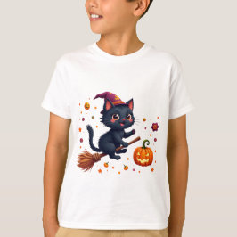 Camiseta Gato bruja lindo montando escoba Halloween