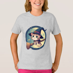 Camiseta Gato Bruja Lindo Montando Escoba Tema Luz de Luna