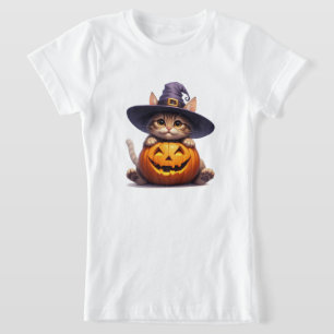 Camiseta Gato bruja lindo sosteniendo Jack O Lantern 🎃