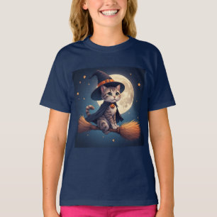 Camiseta Gato Bruja Lindo Y Estrellas Escena De Halloween L