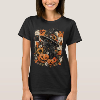 Camiseta Gato Bruja Negro Disfraz de Halloween Calabaza Vin