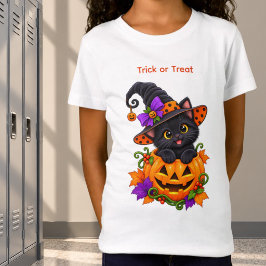 Camiseta Gato Bruja Negro en Calabaza de Halloween Personal