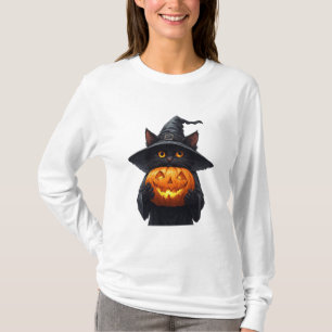 Camiseta Gato bruja negro lindo sosteniendo una calabaza br