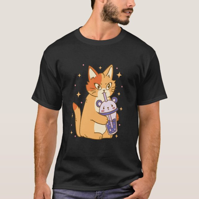 Camiseta Gato Bubble Tea Guay Retro Diversión Extraño Arte  (Anverso)