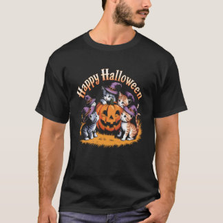 Camiseta Gato Calabaza Floral Halloween Espeluznante Tempor