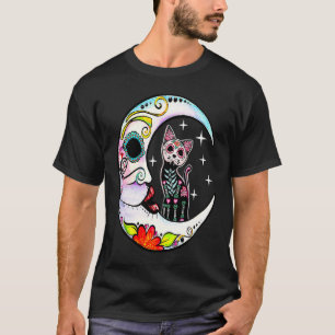 Camiseta Gato Calavera de Azúcar Luna Día de Los Muertos Dí