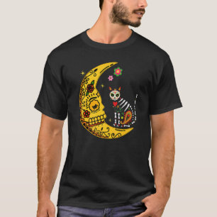 Camiseta Gato Calavera Mexicano Con Luna Día de Muertos Fie