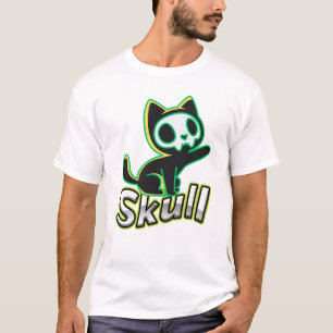 Camiseta Gato Calavera Neon Arte Kawaii Gótico