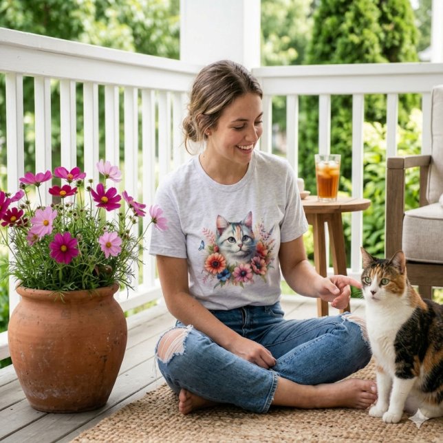 Camiseta Gato Calico Acuarela & Flores de Cosmo | Regalo de (Subido por el creador)