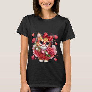 Camiseta Gato Calico Lindo Corazones Gafas & Rosa Roja Arte