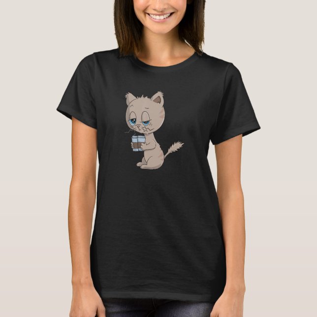 Camiseta Gato Cansado Con Dos Tazas De Café (Anverso)