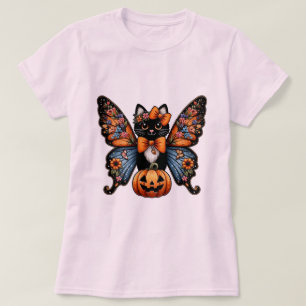 Camiseta Gato caprichoso con alas de mariposa y calabaza