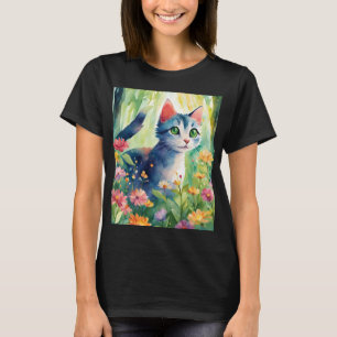 Camiseta Gato caprichoso de acuarela en jardín floral   N