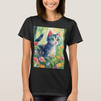 Camiseta Gato caprichoso de acuarela en jardín floral | N