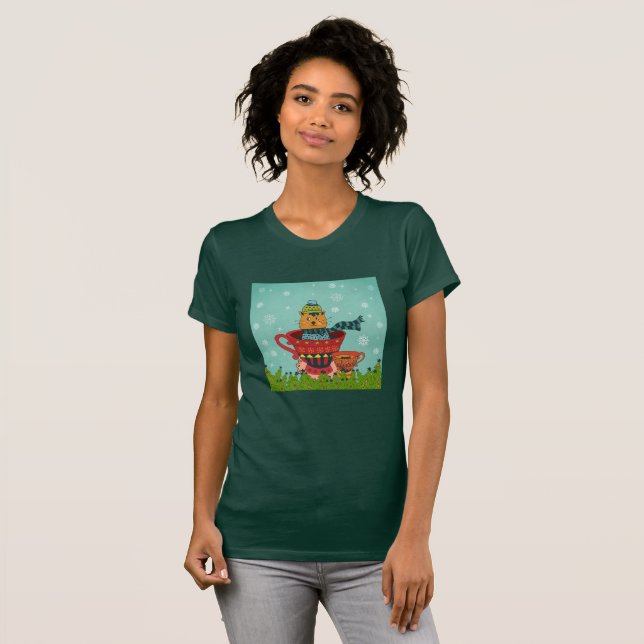 Camiseta Gato caprichoso sentado en una taza de té Navidade (Anverso completo)