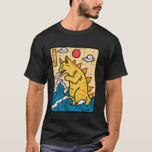 Camiseta Gato Catzilla divertido arte de onda japonesa homb