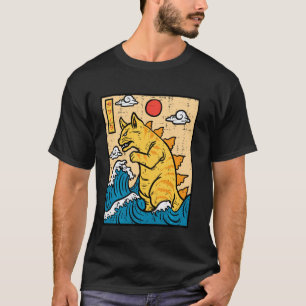 Camiseta Gato Catzilla divertido arte de onda japonesa homb