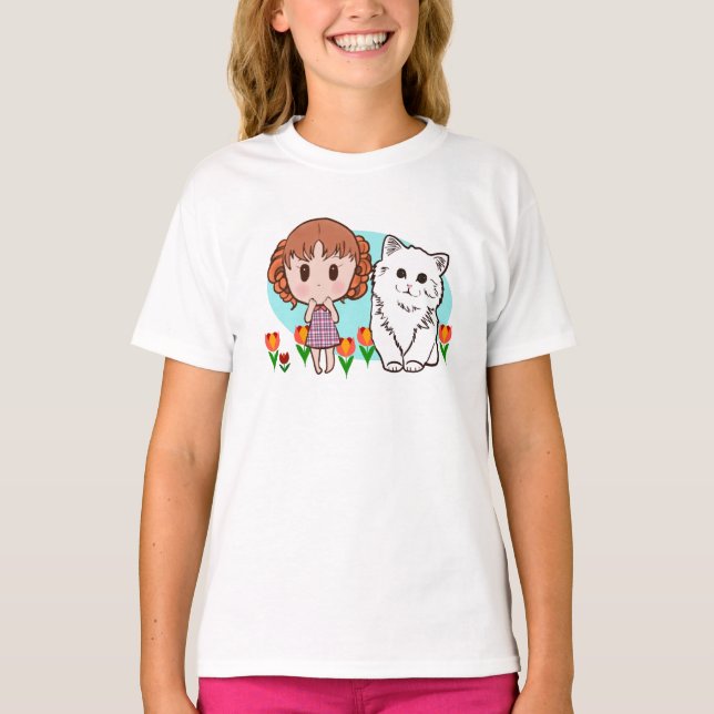 Camiseta gato, chica y tulipanes (Anverso)