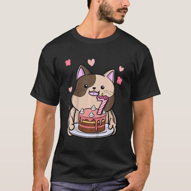 Camiseta Gato Chubby de niños con pastel de cumpleaños 7º a (Anverso)