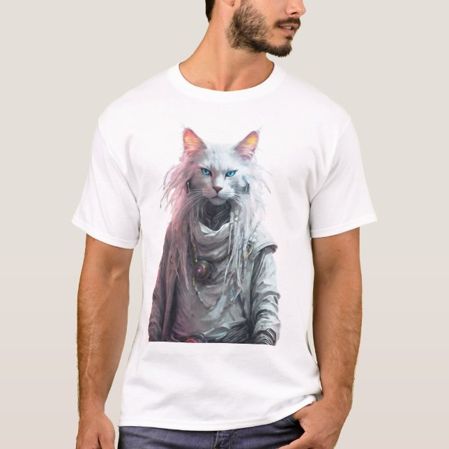 Camiseta Gato ciber blanco místico (Anverso)