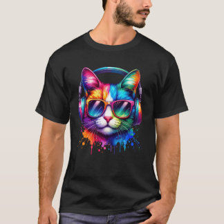 Camiseta Gato Colorido, Gatito Arcoíris, Auriculares, Mamá