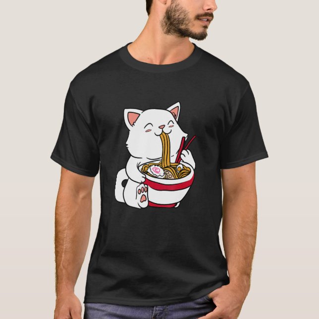 Camiseta Gato comiendo fideos Ramen comida japonesa (Anverso)