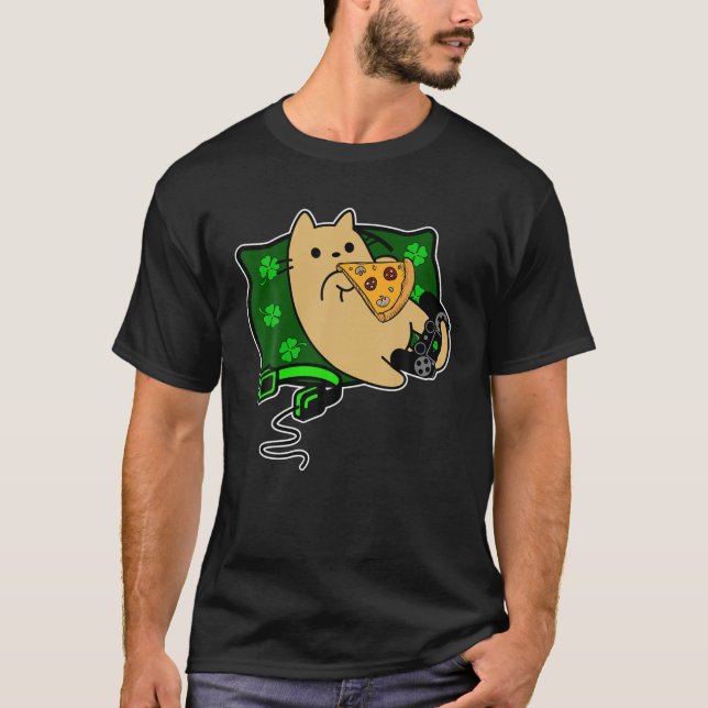 Camiseta Gato Comiendo Pizza Y Escalofriante En La Almohada (Anverso)